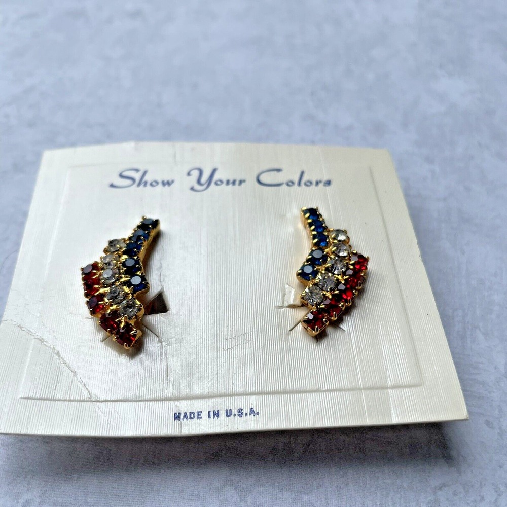 Vintage Patriotic Red White & Blue Rhinestone Cluster Gold Tone Clip On Earrings - Picture 2 of 5